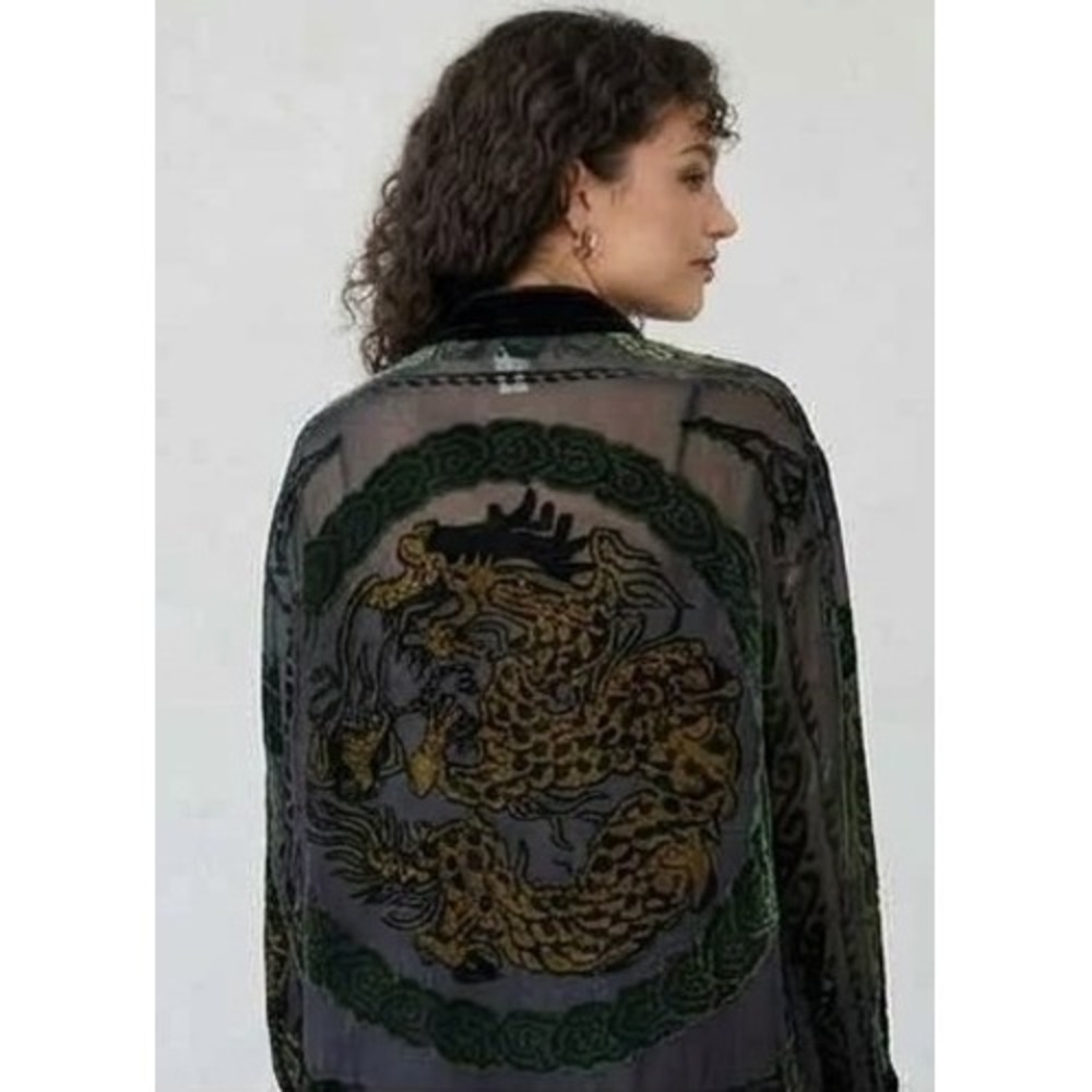 Vintage Aris. A Black Green Gold Burnt Out Velvet Cover Button Up Blouse X-Large